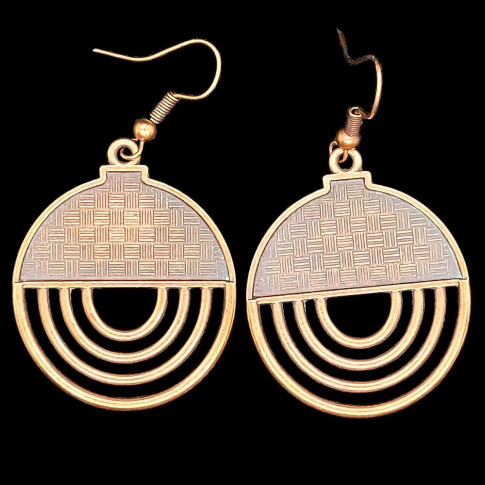 Copper Tone Abstract Textured Circle Dangle Earrings‎ Boho Revival Festival